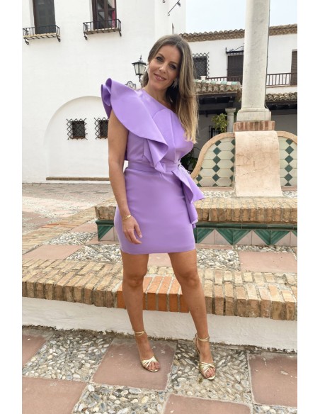 Short party dress with maxi ruffle and jewel embellishment