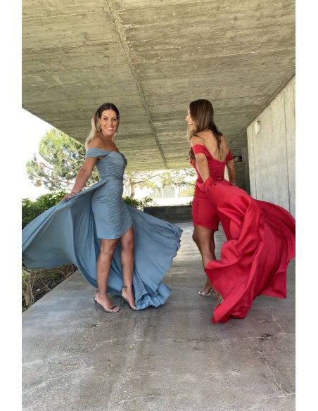 Caped ball gown with bardot neckline and draped bodice