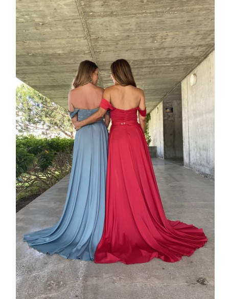 Caped ball gown with bardot neckline and draped bodice