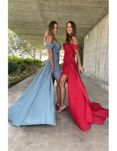 Caped ball gown with bardot neckline and draped bodice