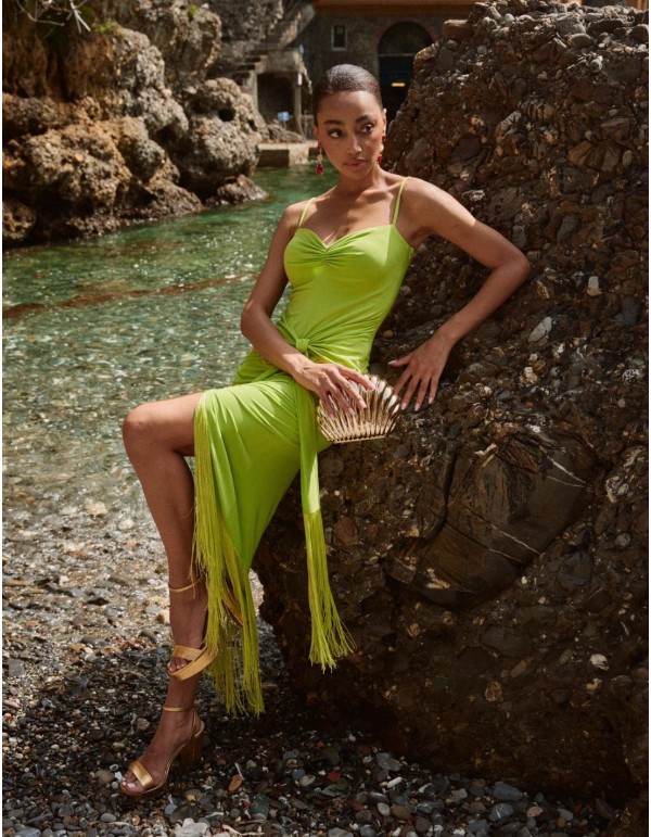 Vestido midi de fiesta de punto con escote corazón y flecos 2