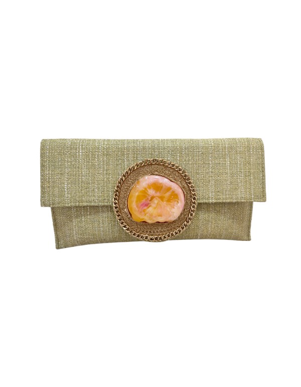 Olive green jute party clutch with stone clasp