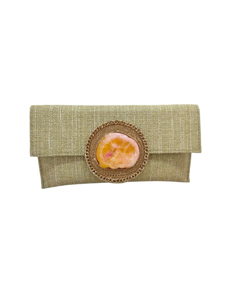 Pochette de fête en jute vert olive avec fermoir en pierre