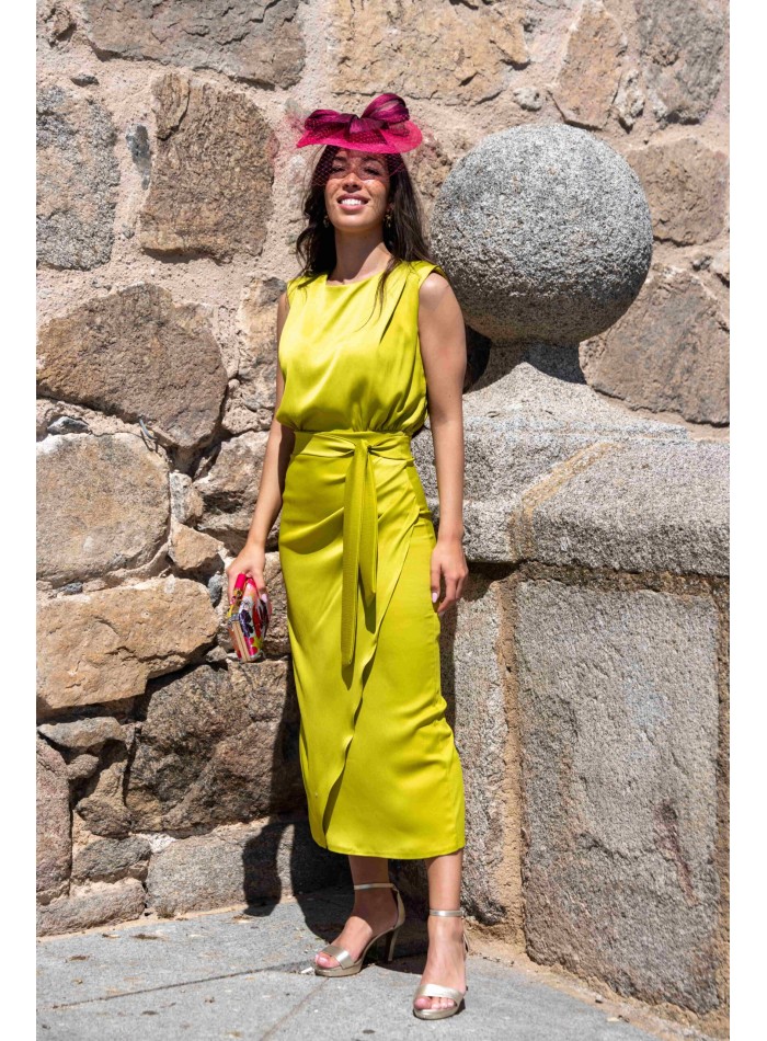 Lime midi party dress with knotted crossover skirt