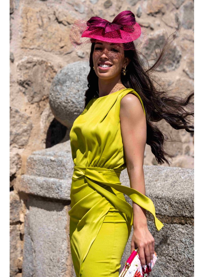 Lime midi party dress with knotted crossover skirt