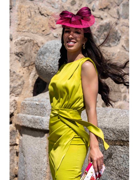 Lime midi party dress with knotted crossover skirt