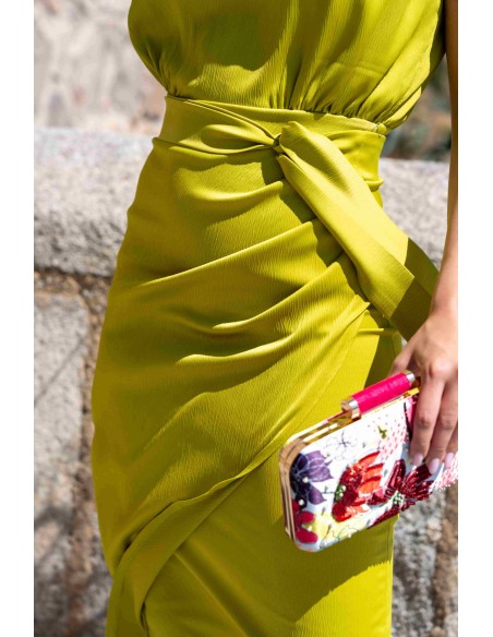 Robe de soirée midi en citron vert avec jupe croisée nouée