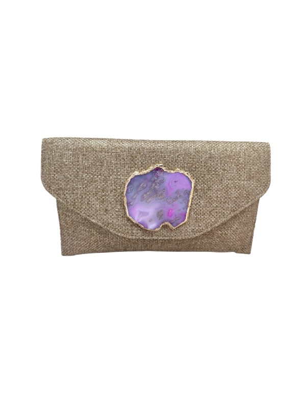 Cartera de fiesta en yute beige con piedra morada