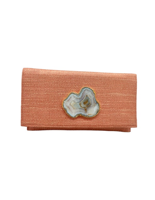 Cartera de fiesta de yute naranja con cierre piedra