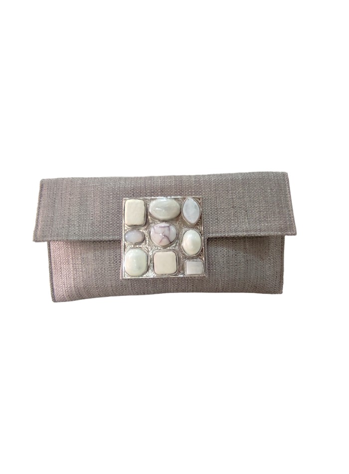 Pearl grey jute party clutch with pebble closure