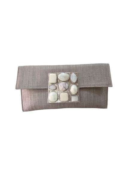 Pearl grey jute party clutch with pebble closure