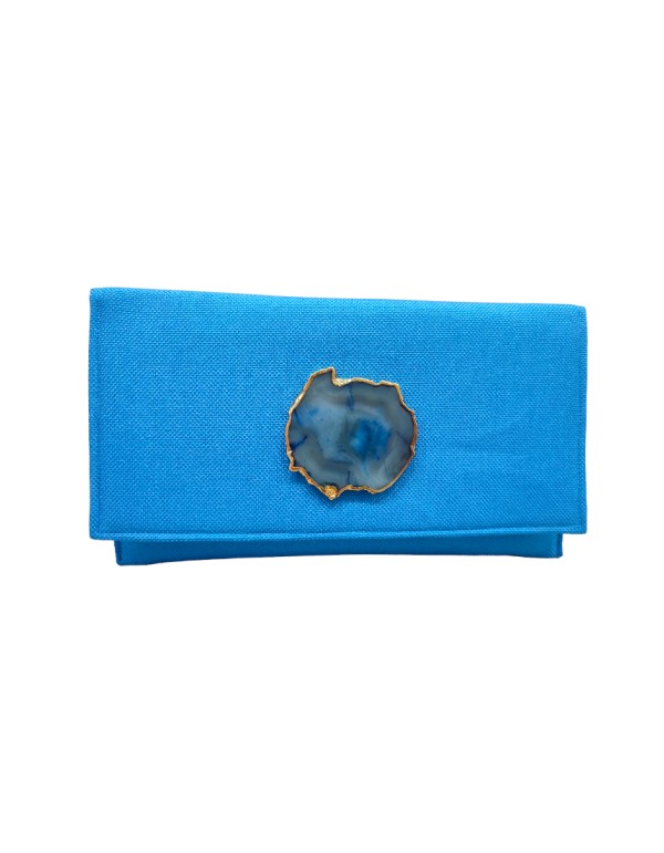 Blue raffia purse with aquamarine stone clasp closure