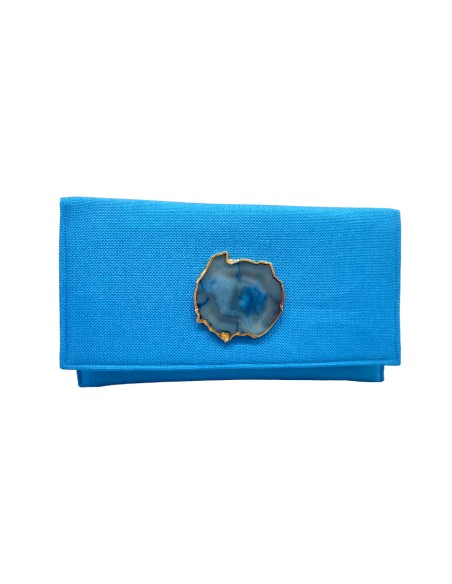 Portefeuille en raphia bleu avec fermoir en pierre aigue-marine