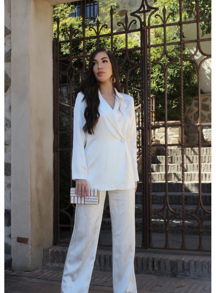 Satin jacket suit with long straight trousers