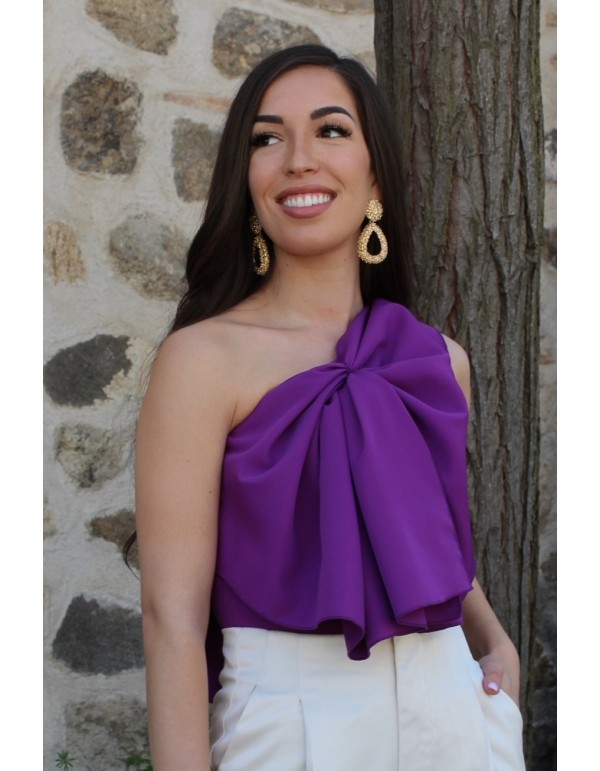 Purple party blouse with asymmetrical neckline and maxi bow