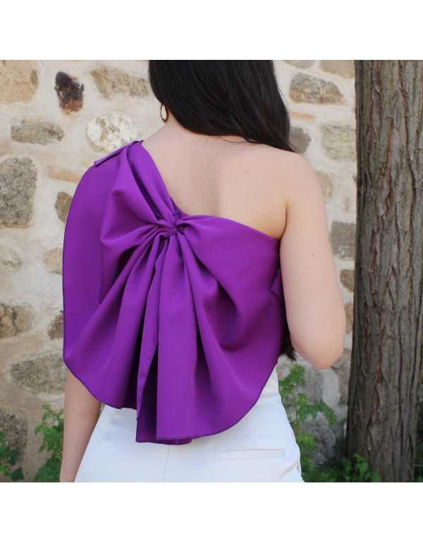 Purple party blouse with asymmetrical neckline and maxi bow 2
