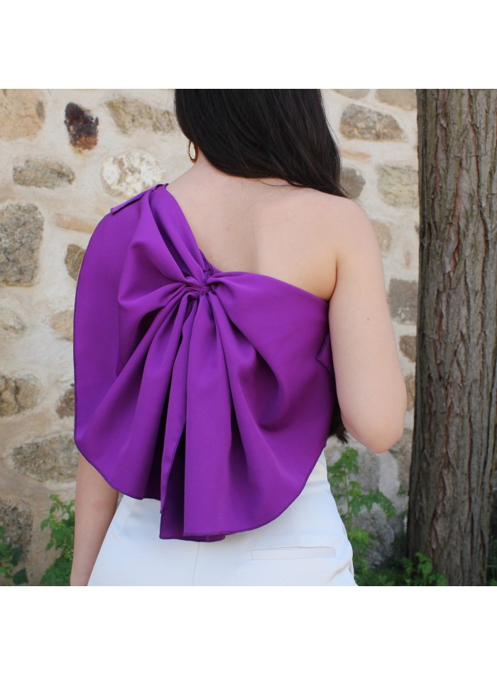 Purple party blouse with asymmetrical neckline...