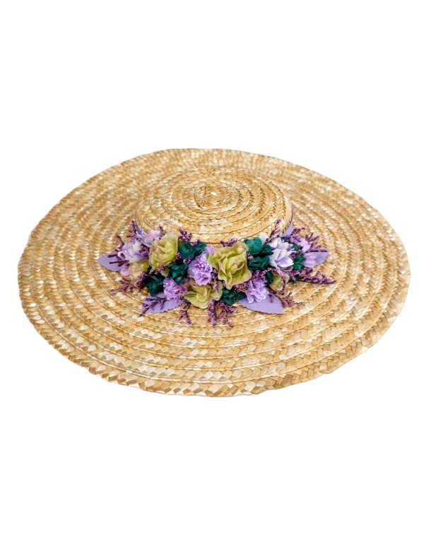 Pamela de paja ancha beige con flores malvas y verdes