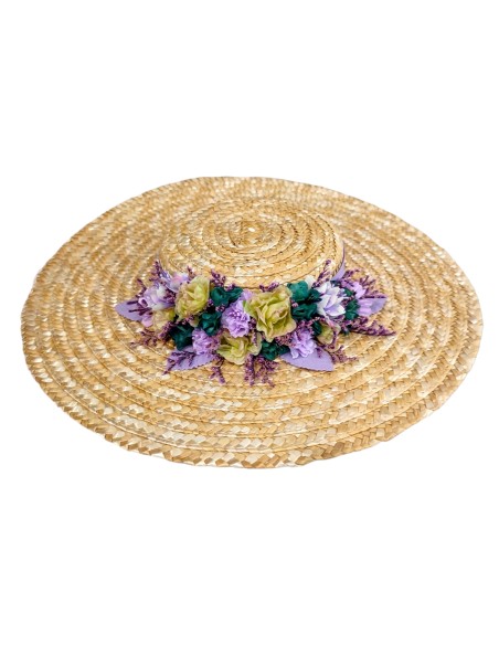Beige wide straw hat with mauve and green flowers