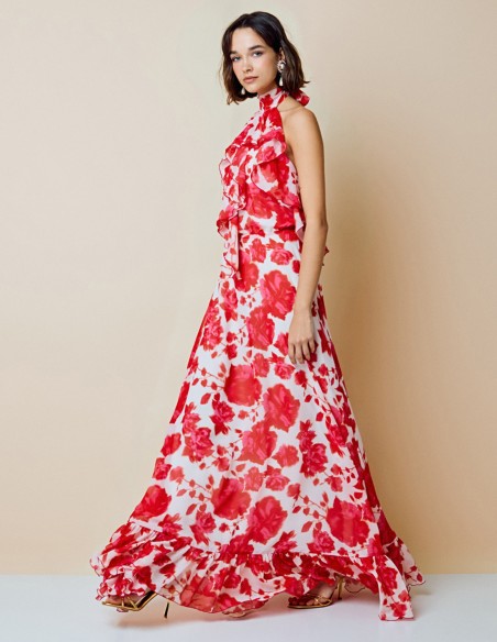 Gown party dress with halter neckline and open back print
