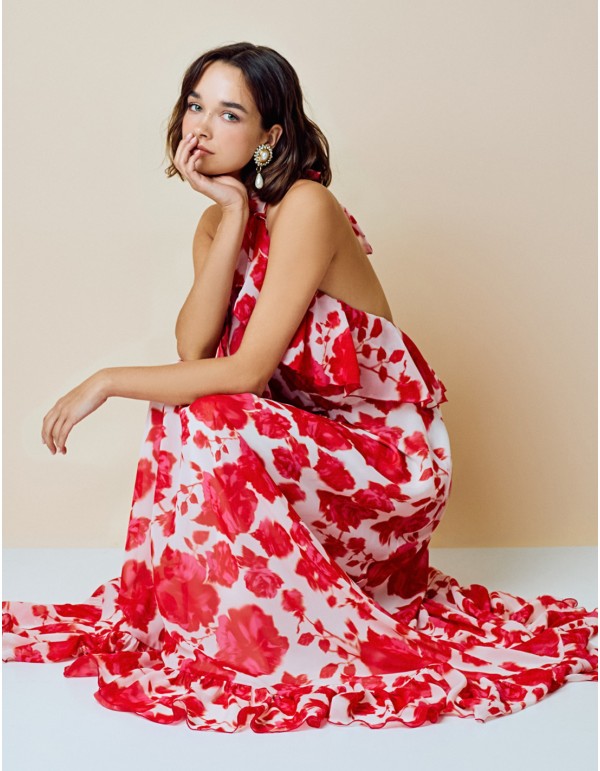 Gown party dress with halter neckline and open back print