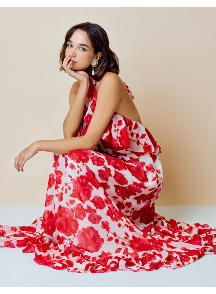 Gown party dress with halter neckline and open back print