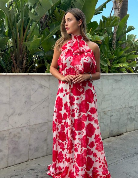 Robe longue, fluide, imprimée, décolletée et ouverte dans le dos