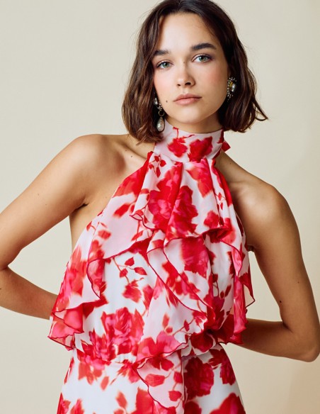 Gown party dress with halter neckline and open back print