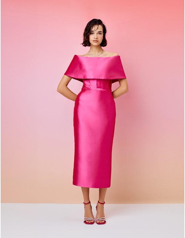 Midi party dress with bardot neckline and belt detail