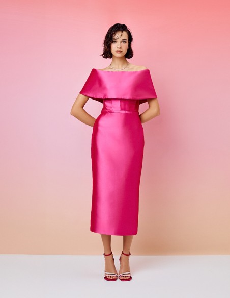 Midi party dress with bardot neckline and belt detail