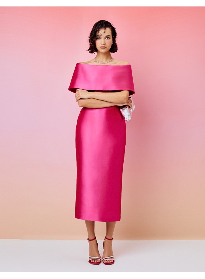 Vestido de fiesta midi con escote bardot y...