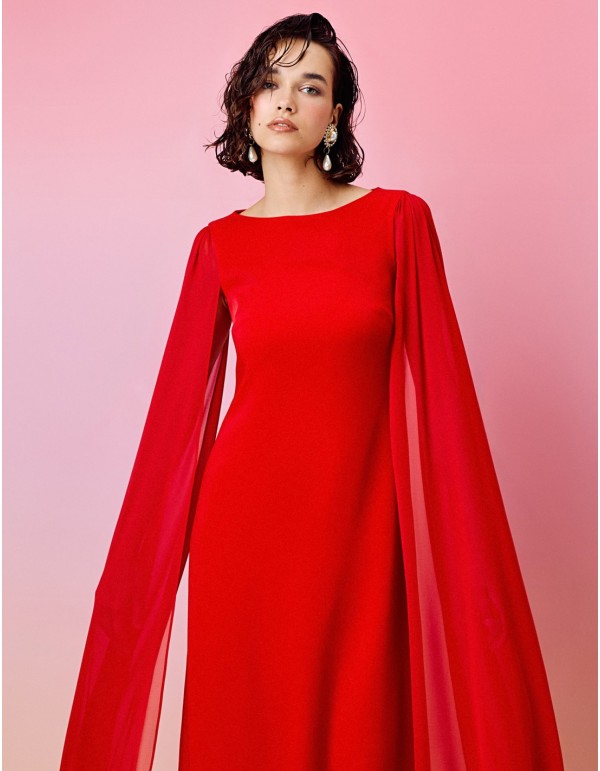 Long party dress with cape sleeves and round neckline 2