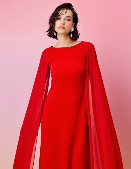 Long party dress with cape sleeves and round neckline red