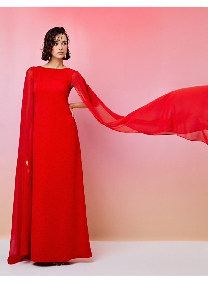 Long party dress with cape sleeves and round...