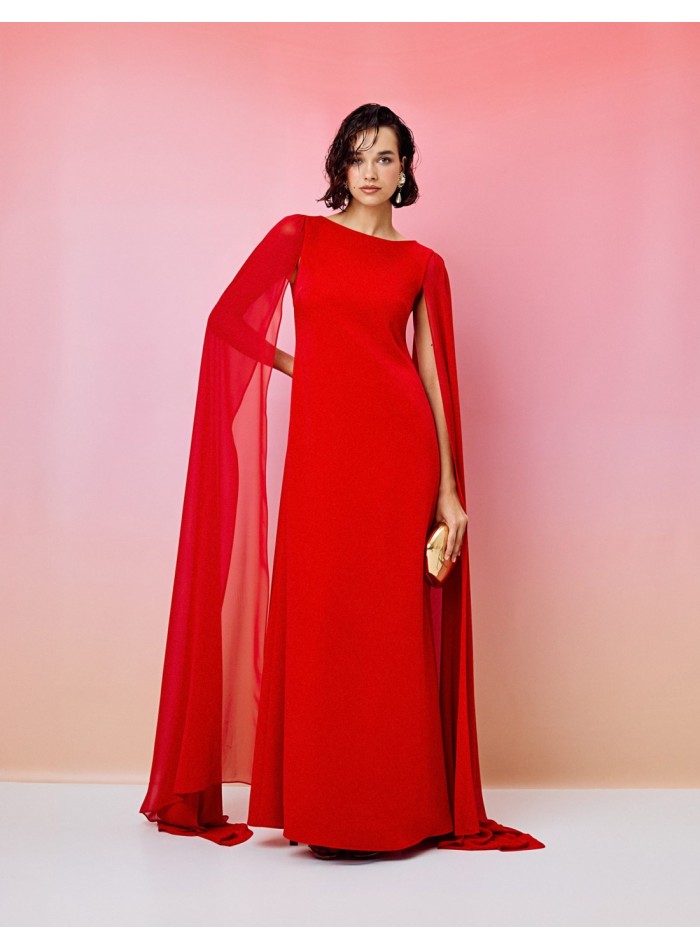 Long party dress with cape sleeves and round...