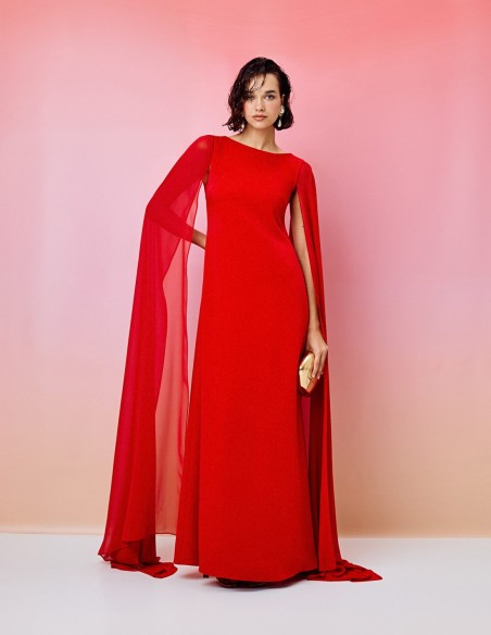 Robe longue de fête avec manches cape et encolure ronde