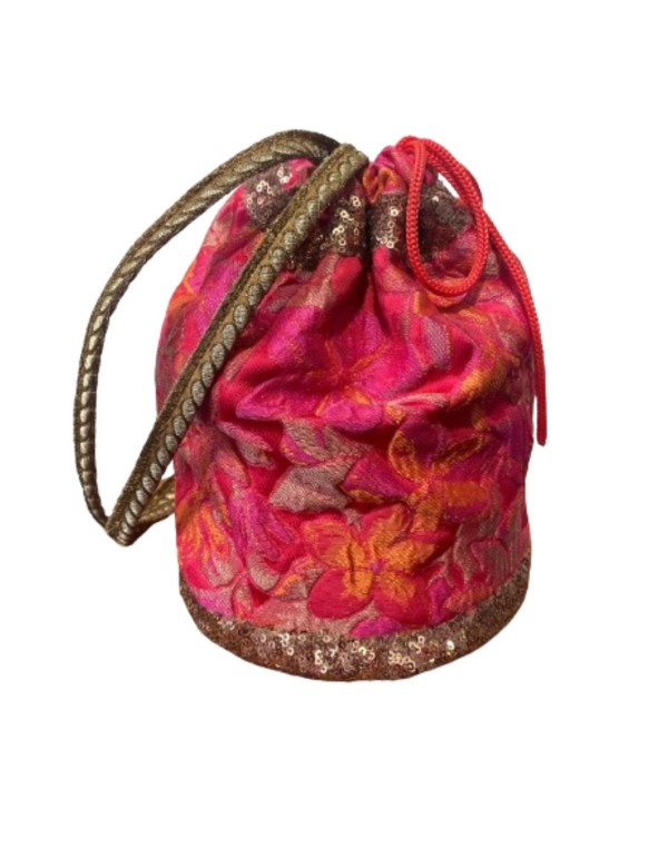 Boîte à dragées en brocart fuchsia et orange