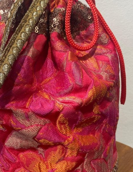 Boîte à dragées en brocart fuchsia et orange