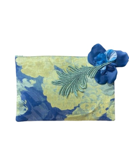Cartera de fiesta jaquard azul y verde con adorno floral