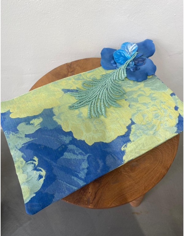 Blue and green jaquard party clutch with floral... 2