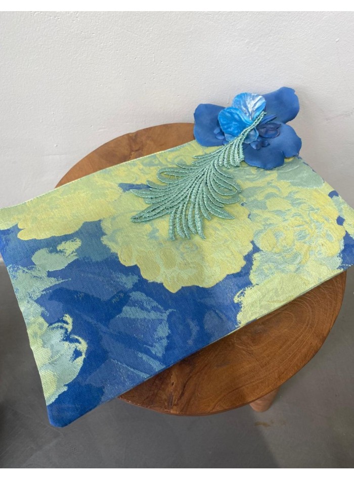 Blue and green jaquard party clutch with floral...