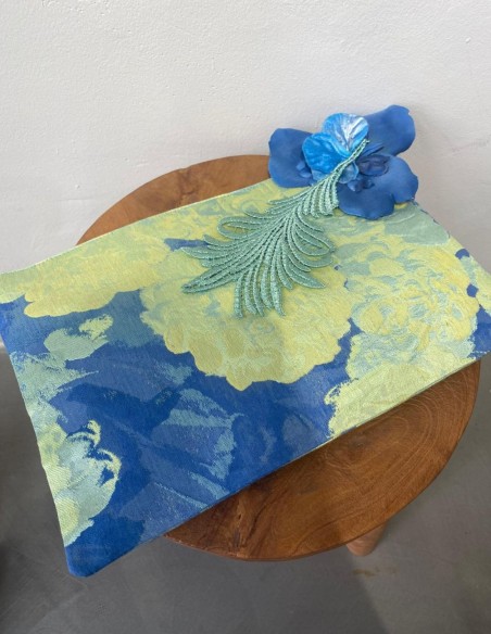 Blue and green jaquard party clutch with floral embellishment