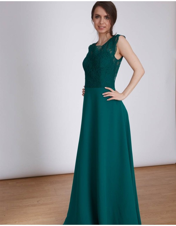 Vestido de fiesta largo verde con cuerpo  de encaje y espalda al aire INVITADISIMA 2