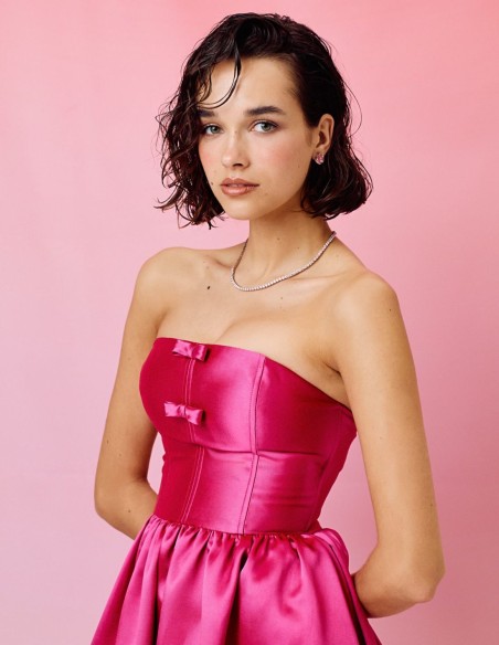 Midi party dress with bandeau neckline and flouncy skirt