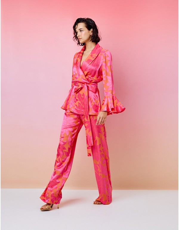 Fluid long party trousers in printed fabric