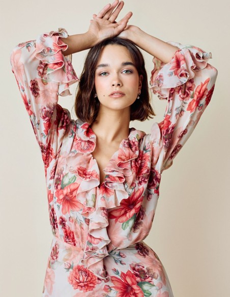 Flowing long party dress with floral print