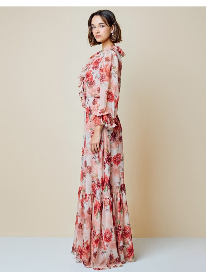 Flowing long party dress with floral print