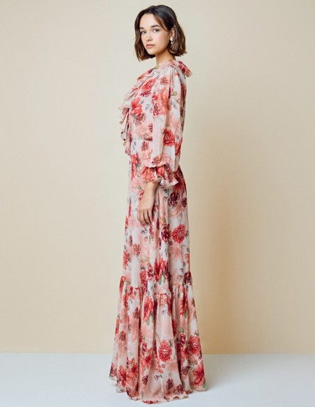 Flowing long party dress with floral print