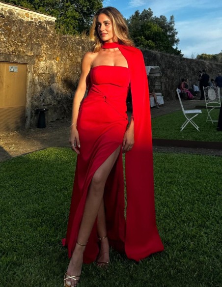 Long party dress with ruching and cape for guests