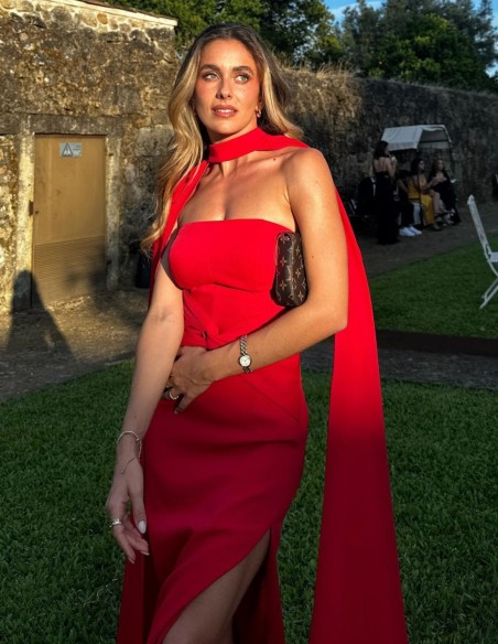 Long party dress with ruching and cape for guests